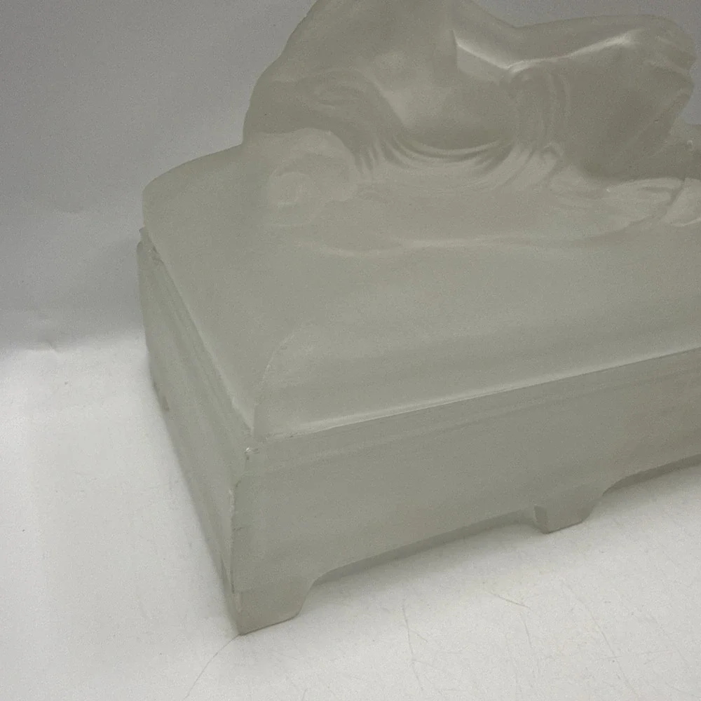 Art Deco Frosted White Glass Box W/ Nude Women Trinket Dish Jewelry Dresser RARE